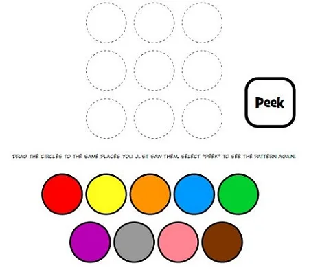 Il faut placer les ronds de couleur au bon endroit - un de mes jeux de mémoire visuelle préféré